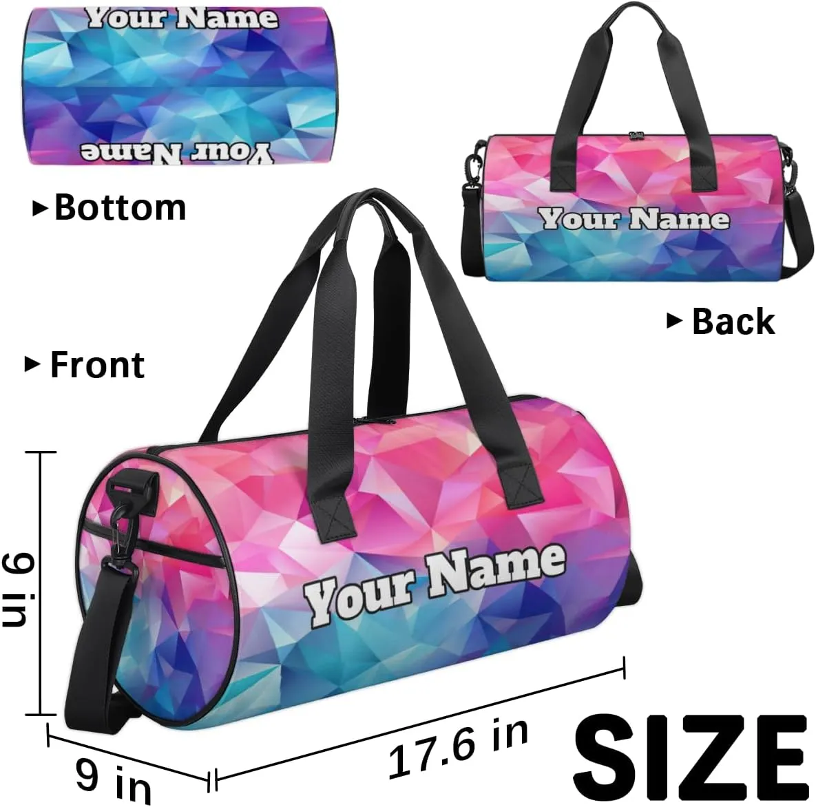 Custom Gym Bag for Women Men with Name, Personalized Modern Print Duffel Bag for Sports, Waterproof Dance Bag, Lightweight Carryon Gym Bag, Colorful Triangles