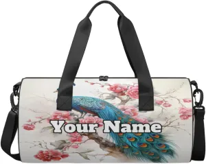 Custom Gym Bag for Women Men with Name, Personalized Peacock Duffel Bag for Sports, Waterproof Dance Bag, Lightweight Carryon Gym Bag, Spring Floral