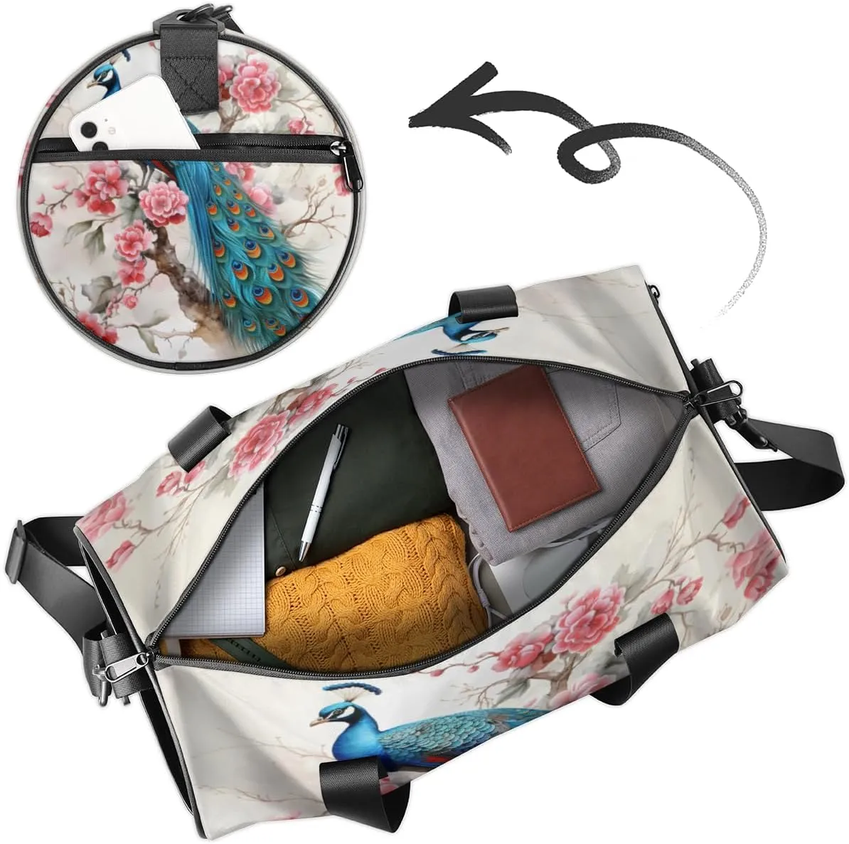 Custom Gym Bag for Women Men with Name, Personalized Peacock Duffel Bag for Sports, Waterproof Dance Bag, Lightweight Carryon Gym Bag, Spring Floral