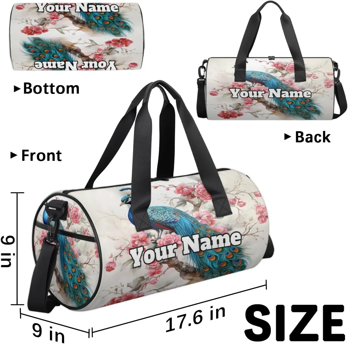 Custom Gym Bag for Women Men with Name, Personalized Peacock Duffel Bag for Sports, Waterproof Dance Bag, Lightweight Carryon Gym Bag, Spring Floral