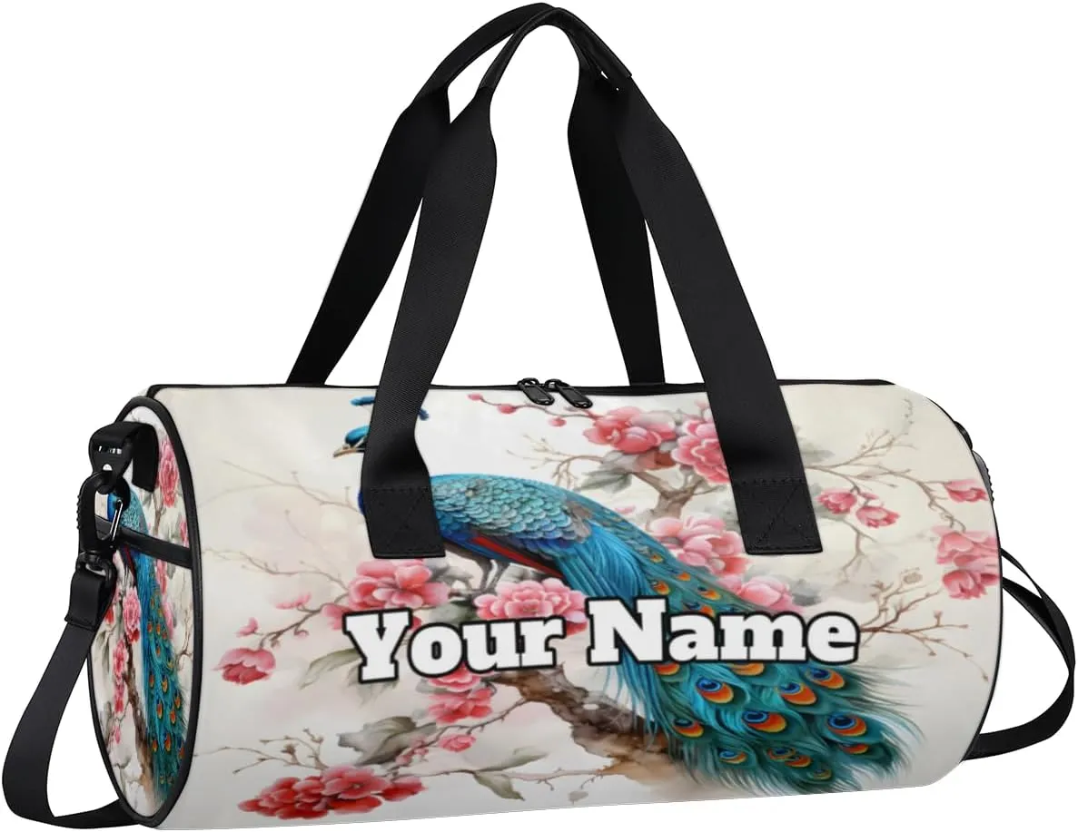 Custom Gym Bag for Women Men with Name, Personalized Peacock Duffel Bag for Sports, Waterproof Dance Bag, Lightweight Carryon Gym Bag, Spring Floral