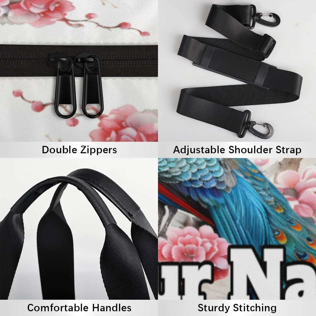 Custom Gym Bag for Women Men with Name, Personalized Peacock Duffel Bag for Sports, Waterproof Dance Bag, Lightweight Carryon Gym Bag, Spring Floral