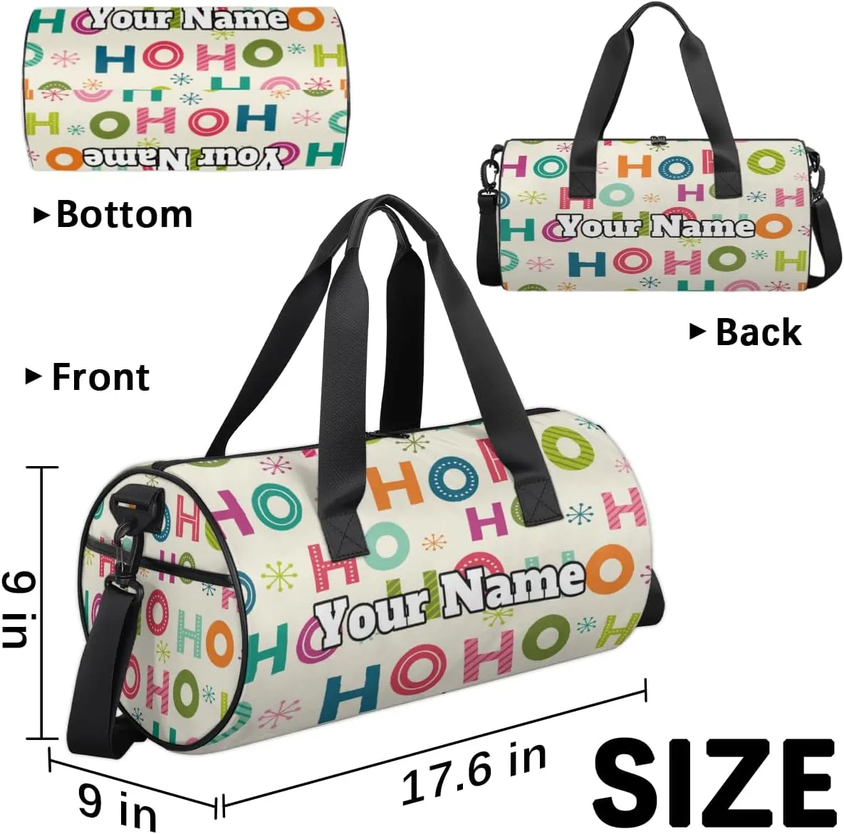 Custom Gym Bag for Women Men with Name, Personalized Snowflake HO Duffel Bag for Sports, Waterproof Dance Bag, Lightweight Carryon Gym Bag, Christmas