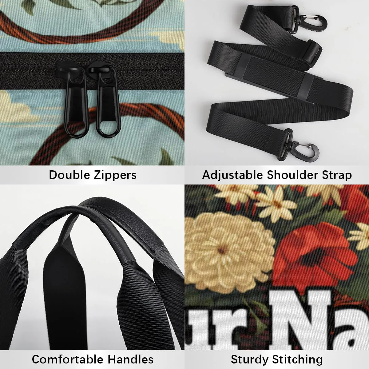 Custom Gym Bag for Women Men with Name, Personalized Spring Flower Duffel Bag for Sports, Waterproof Dance Bag, Lightweight Carryon Gym Bag, Food