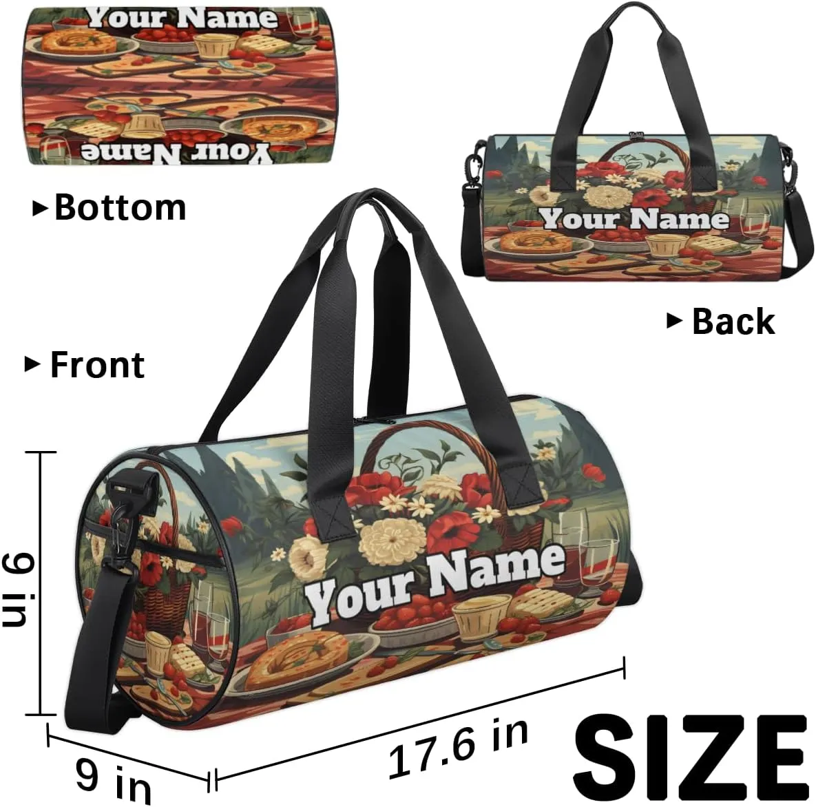 Custom Gym Bag for Women Men with Name, Personalized Spring Flower Duffel Bag for Sports, Waterproof Dance Bag, Lightweight Carryon Gym Bag, Food