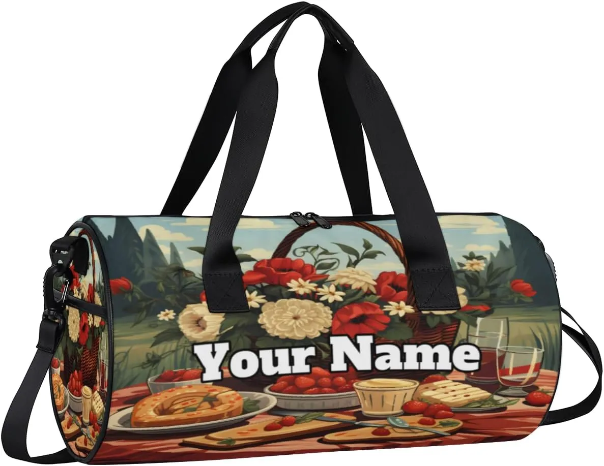 Custom Gym Bag for Women Men with Name, Personalized Spring Flower Duffel Bag for Sports, Waterproof Dance Bag, Lightweight Carryon Gym Bag, Food
