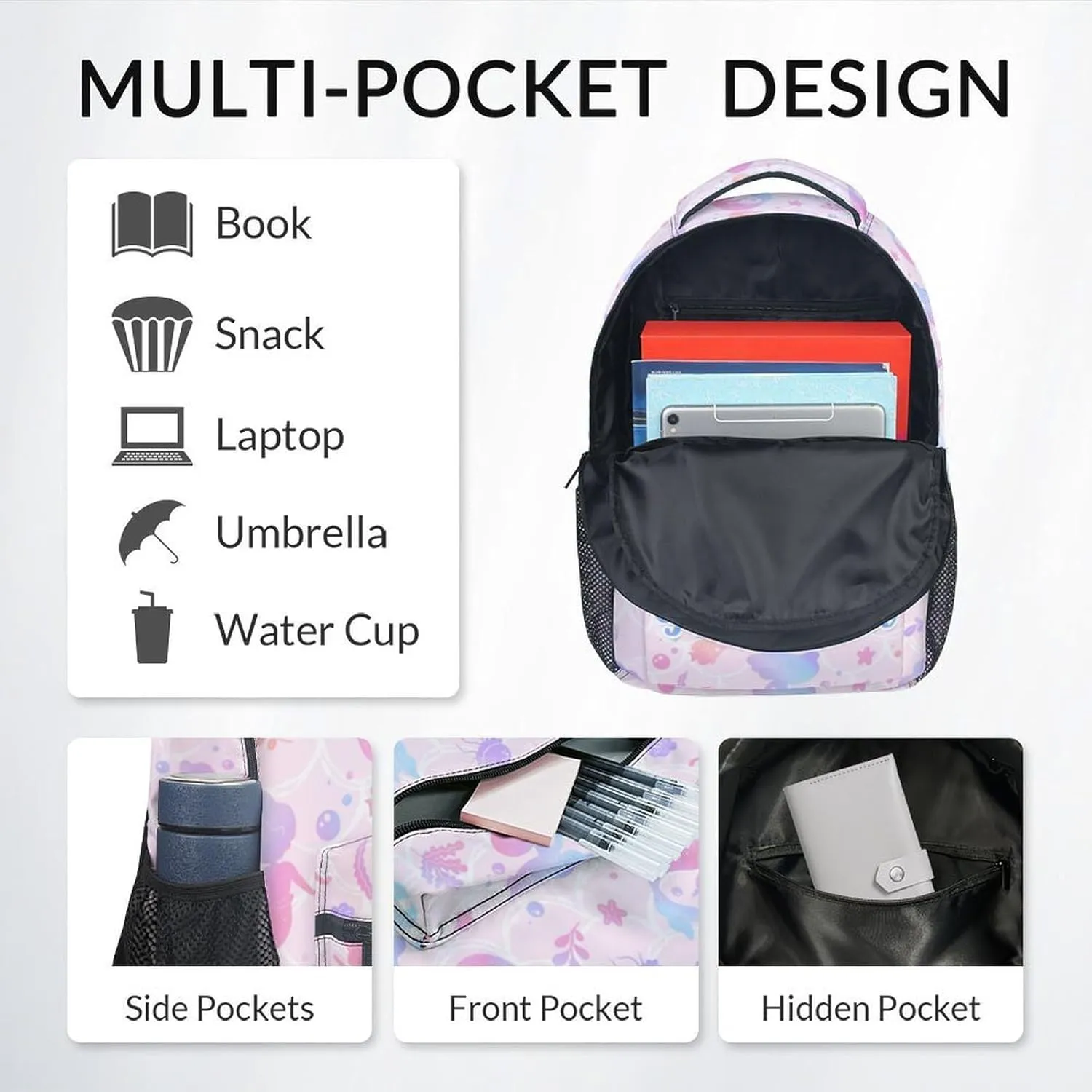 Custom Kid Backpack with Lunch Bag Set for Girls - 3 in 1 Primary Middle School Backpacks Matching Combo - Large Capacity, Durable, Pink Mermaid Bookbag and Pencil Case Bundle