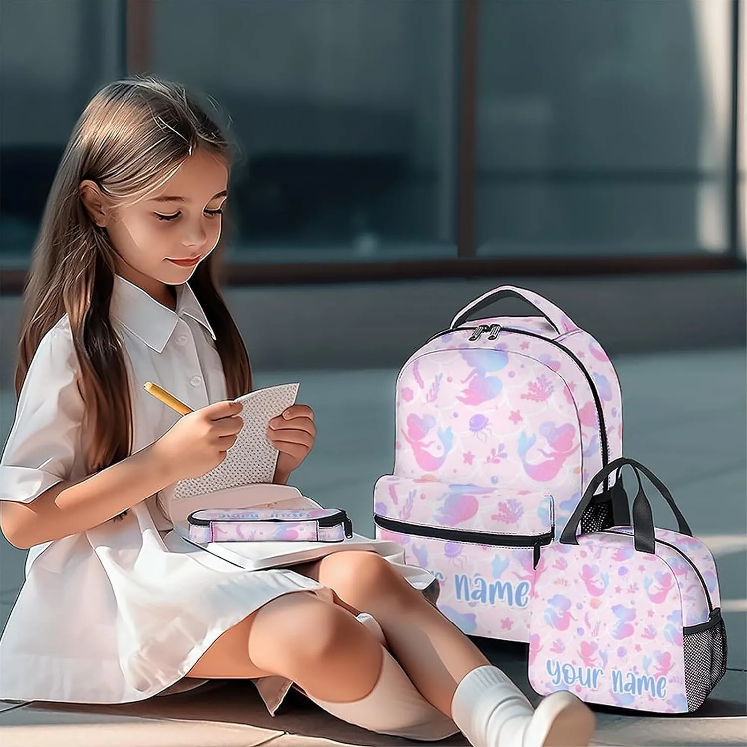 Custom Kid Backpack with Lunch Bag Set for Girls - 3 in 1 Primary Middle School Backpacks Matching Combo - Large Capacity, Durable, Pink Mermaid Bookbag and Pencil Case Bundle