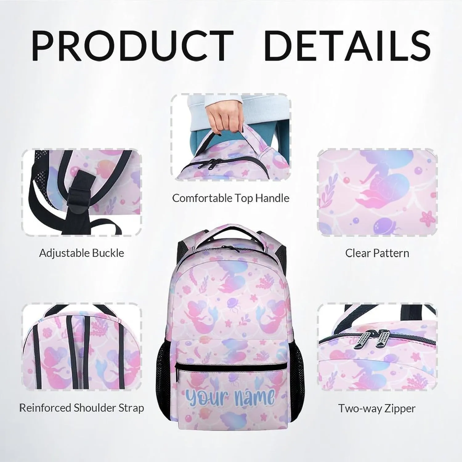 Custom Kid Backpack with Lunch Bag Set for Girls - 3 in 1 Primary Middle School Backpacks Matching Combo - Large Capacity, Durable, Pink Mermaid Bookbag and Pencil Case Bundle