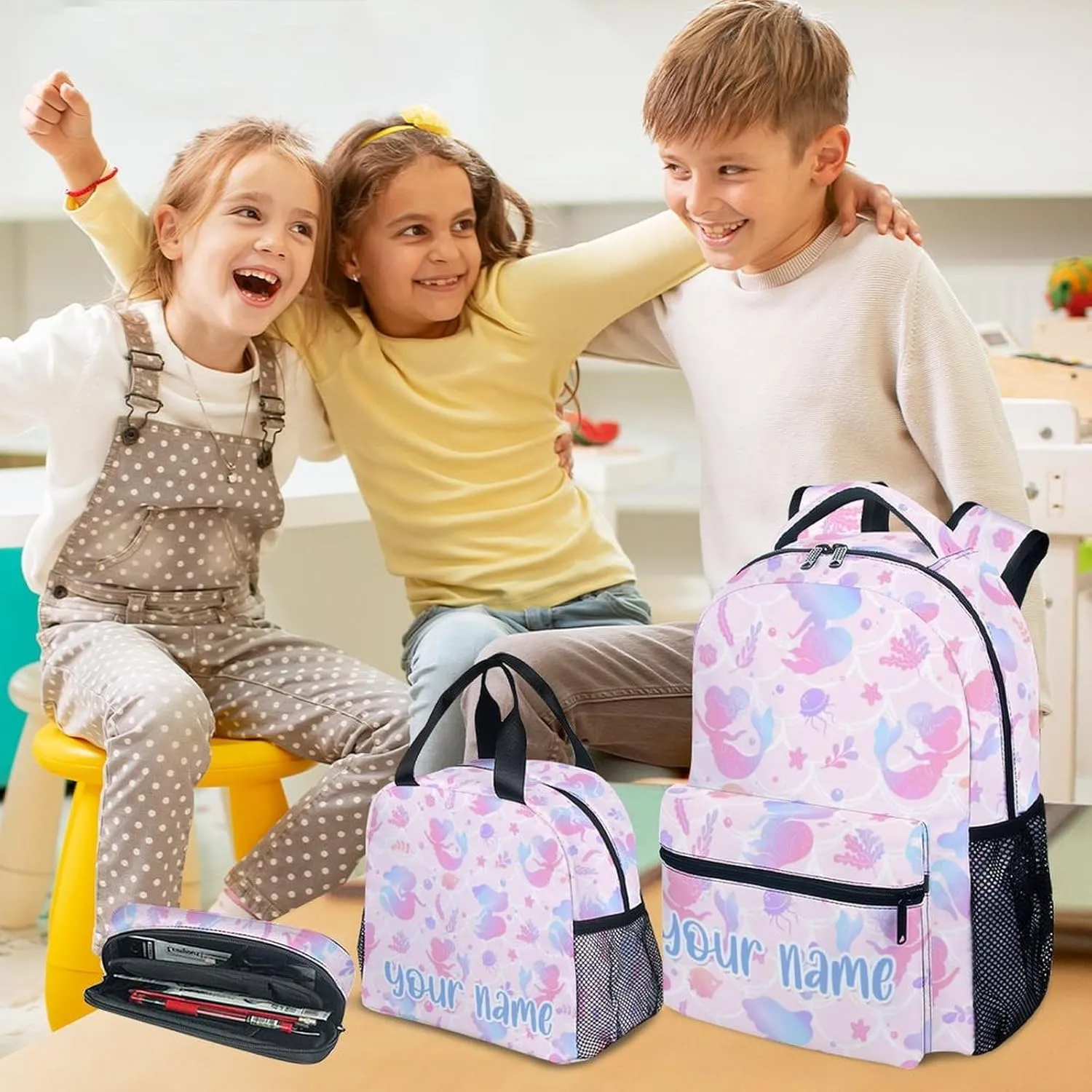 Custom Kid Backpack with Lunch Bag Set for Girls - 3 in 1 Primary Middle School Backpacks Matching Combo - Large Capacity, Durable, Pink Mermaid Bookbag and Pencil Case Bundle