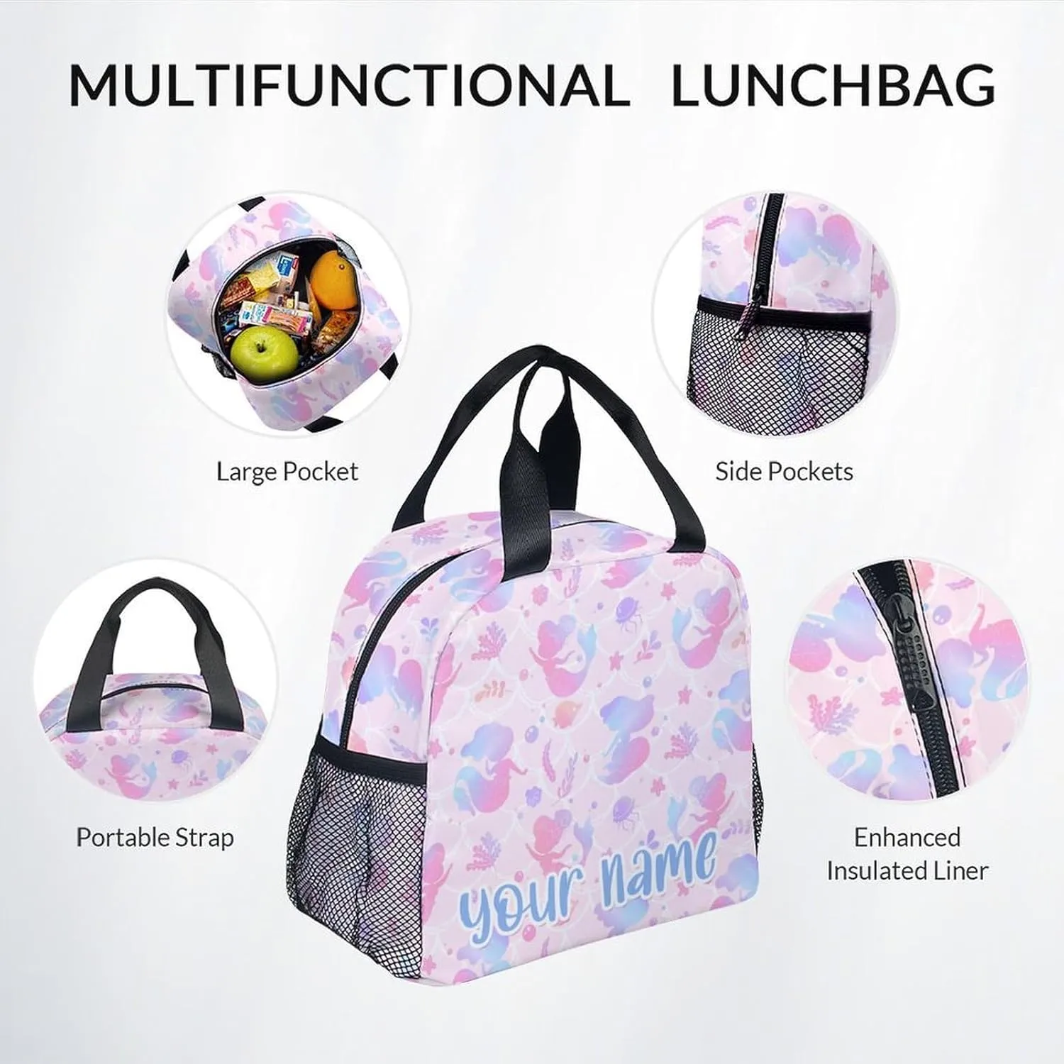 Custom Kid Backpack with Lunch Bag Set for Girls - 3 in 1 Primary Middle School Backpacks Matching Combo - Large Capacity, Durable, Pink Mermaid Bookbag and Pencil Case Bundle