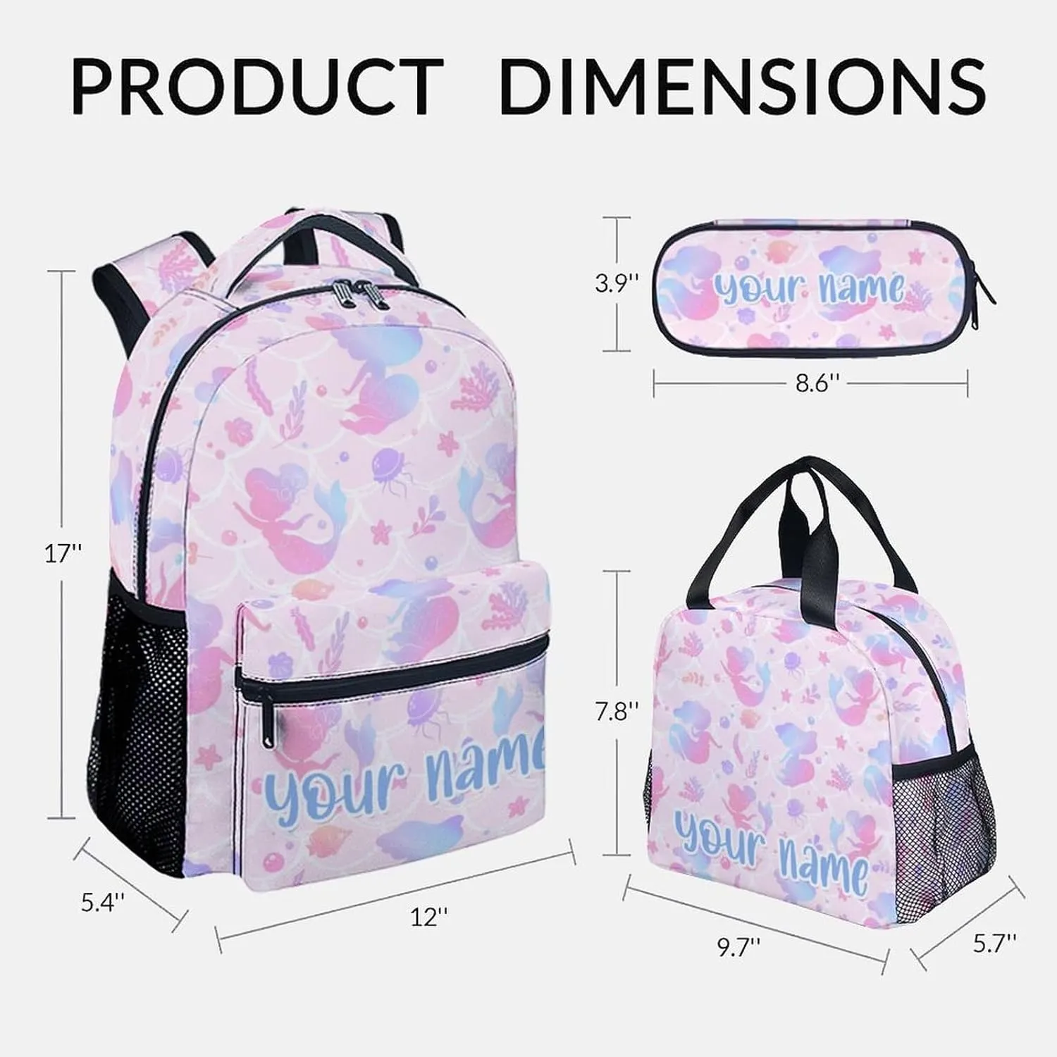 Custom Kid Backpack with Lunch Bag Set for Girls - 3 in 1 Primary Middle School Backpacks Matching Combo - Large Capacity, Durable, Pink Mermaid Bookbag and Pencil Case Bundle