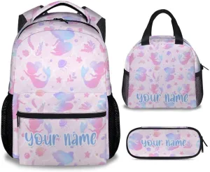 Custom Kid Backpack with Lunch Bag Set for Girls - 3 in 1 Primary Middle School Backpacks Matching Combo - Large Capacity, Durable, Pink Mermaid Bookbag and Pencil Case Bundle