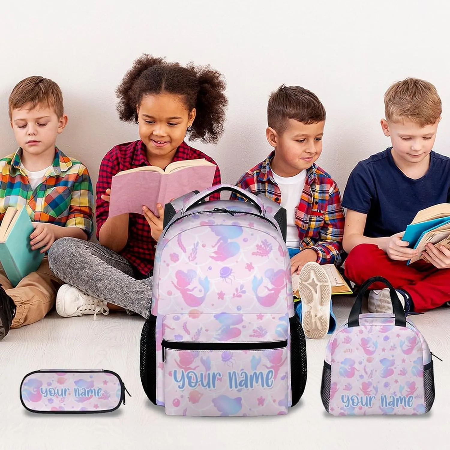 Custom Kid Backpack with Lunch Bag Set for Girls - 3 in 1 Primary Middle School Backpacks Matching Combo - Large Capacity, Durable, Pink Mermaid Bookbag and Pencil Case Bundle