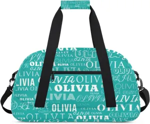 Custom Kids Duffel Bag with Your Name Lightweight Waterproof Personalized Sports Gym Bag with Front Zipper Pocket Foldable Weekender Overnight Bag for School Practice Gymnastic Ballet Light Sea Green