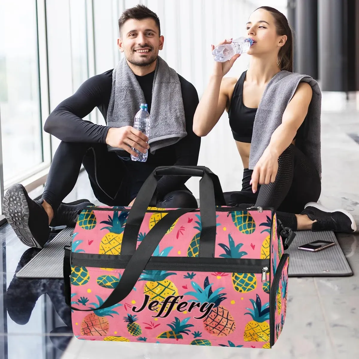 Custom Large Duffel Bags for Men Women Overnight Bags Adults Gym Duffel Bag for Training Soccer Swim Yoga Travel Pink Pineapple