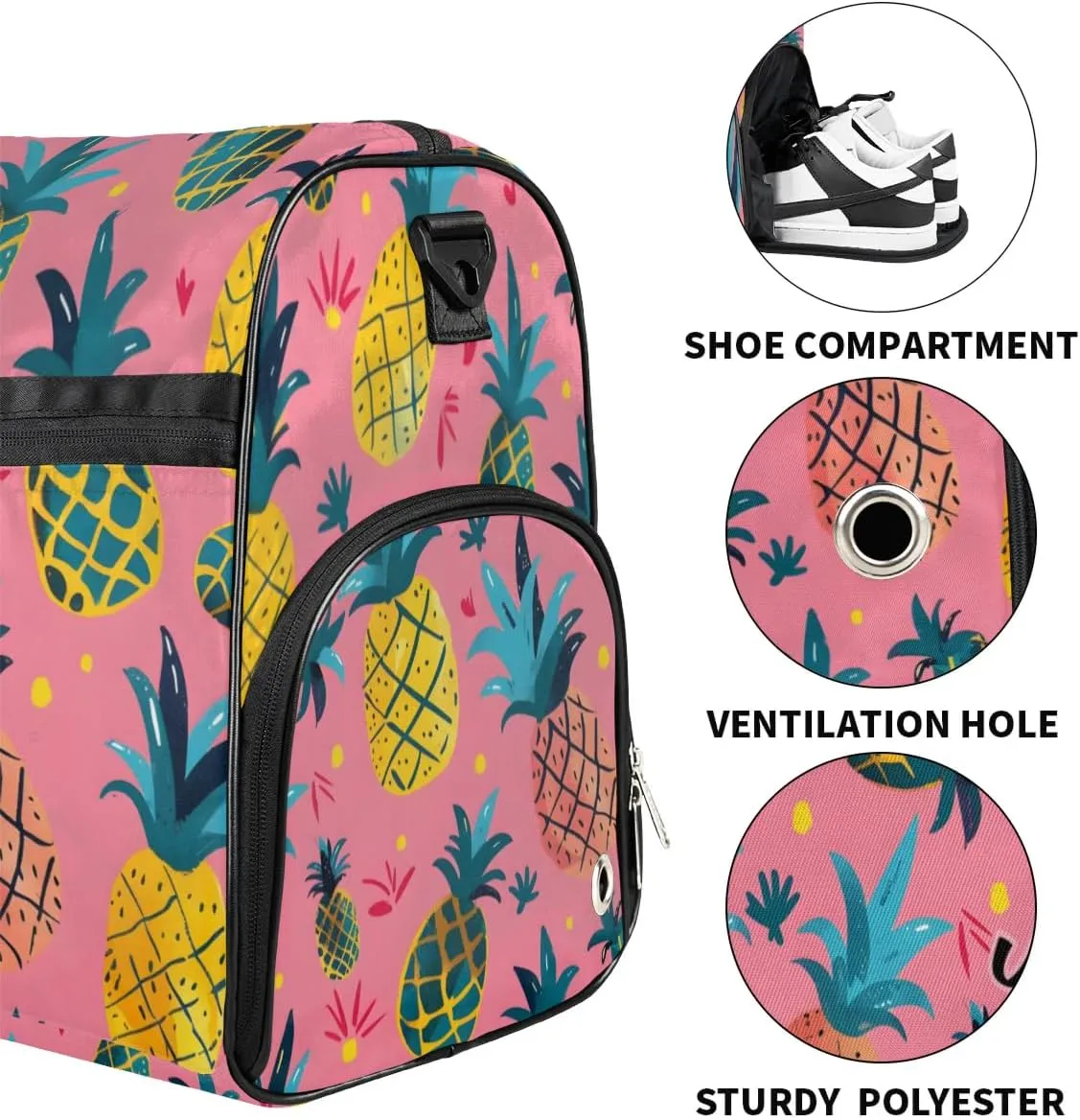 Custom Large Duffel Bags for Men Women Overnight Bags Adults Gym Duffel Bag for Training Soccer Swim Yoga Travel Pink Pineapple