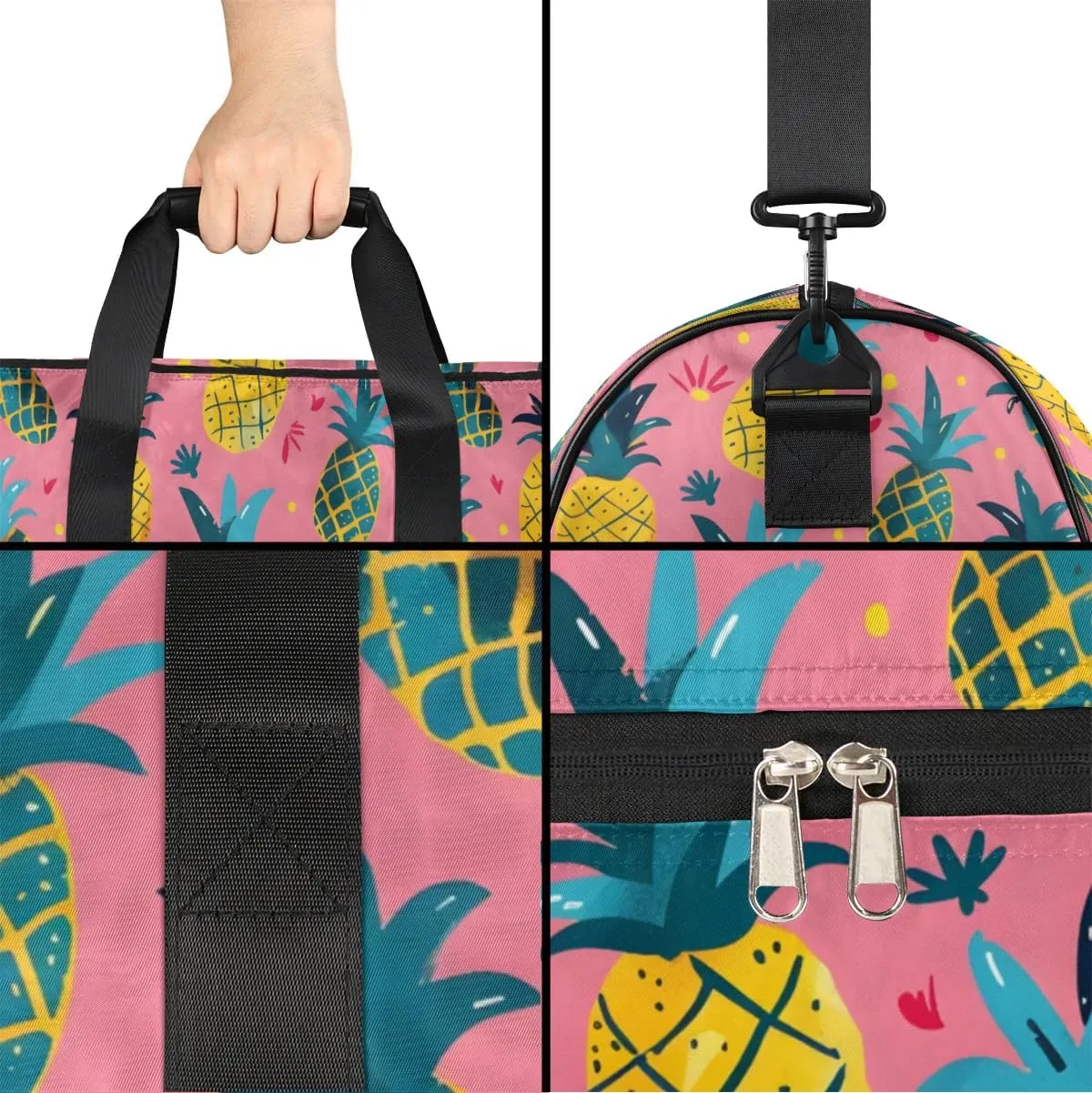 Custom Large Duffel Bags for Men Women Overnight Bags Adults Gym Duffel Bag for Training Soccer Swim Yoga Travel Pink Pineapple