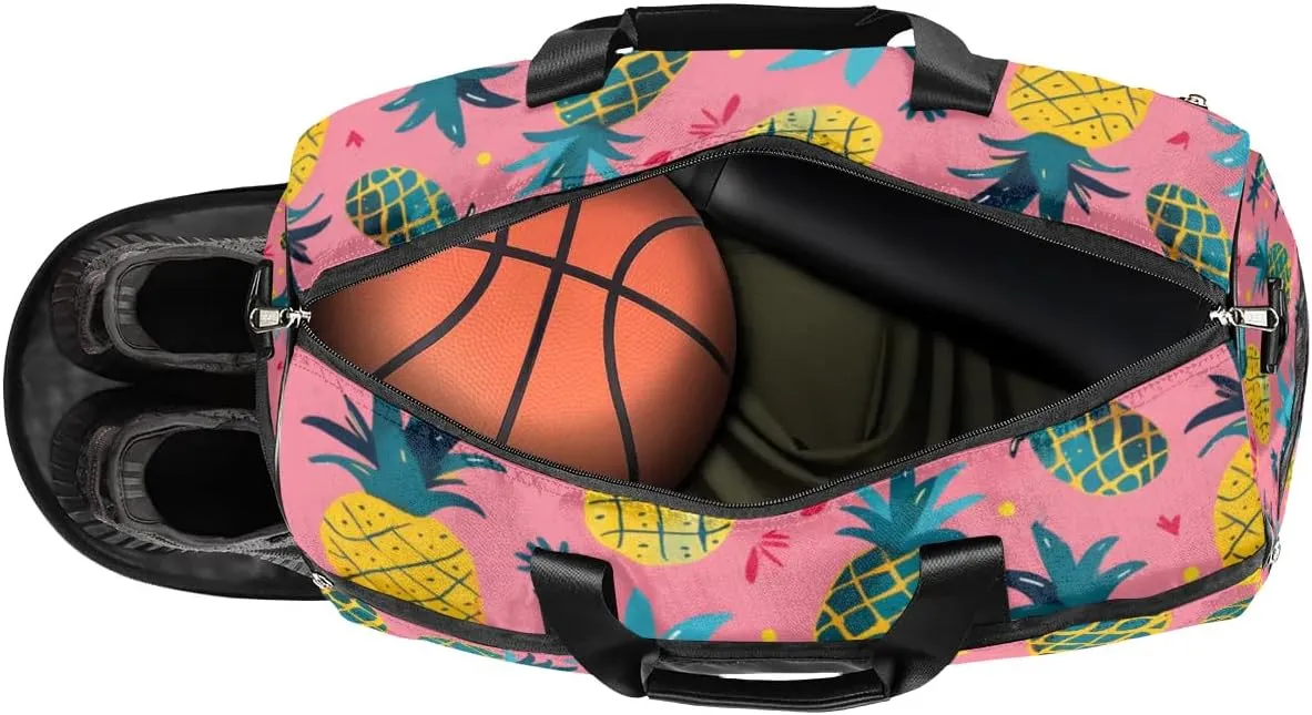 Custom Large Duffel Bags for Men Women Overnight Bags Adults Gym Duffel Bag for Training Soccer Swim Yoga Travel Pink Pineapple