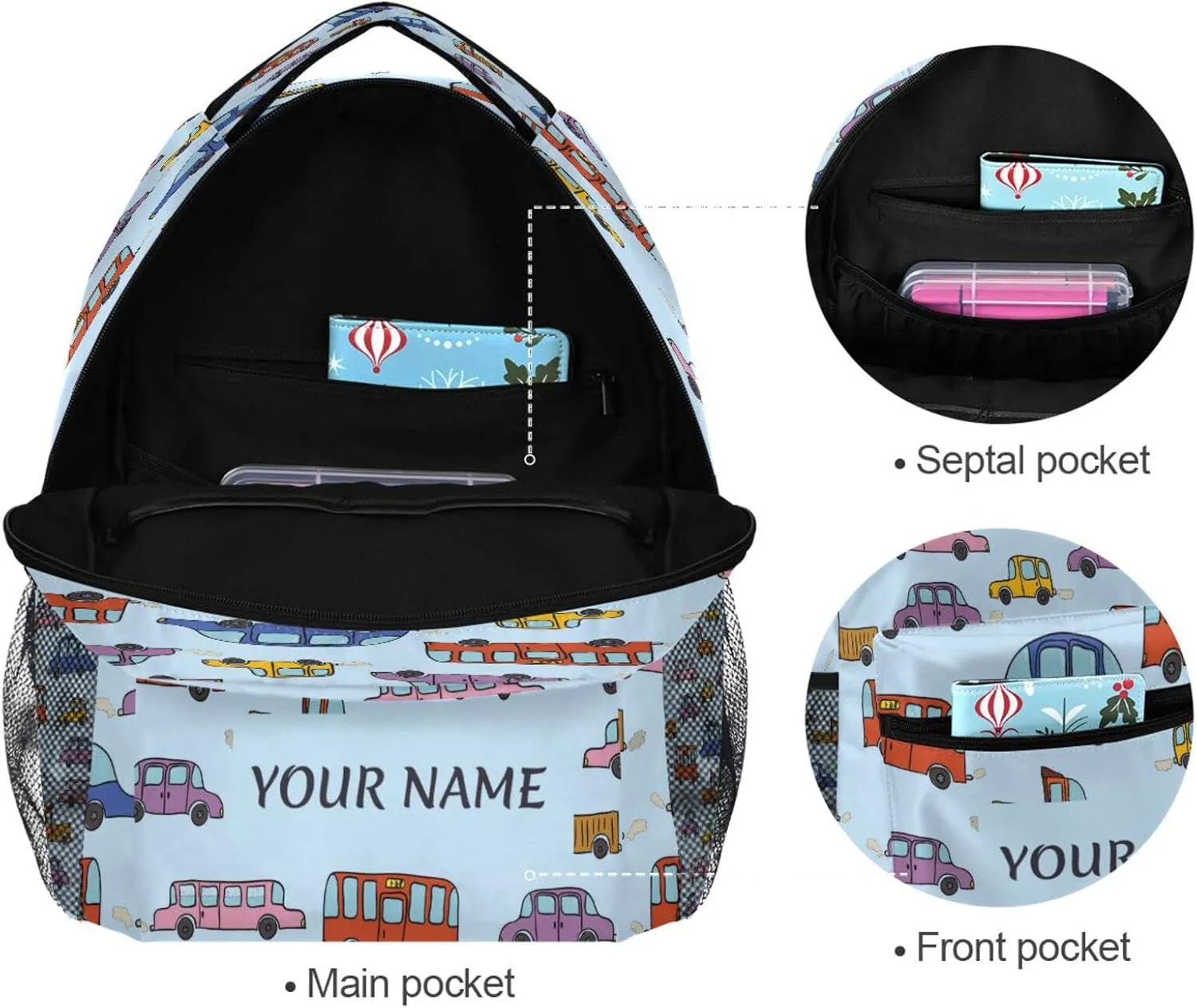 Custom School Backpack for Kids Boys with Name/Text, Personalized Funny Car Laptop Backpack Add Your Name Student College School Bag Customized Bookbag for Primary Middle Junior High Back to School