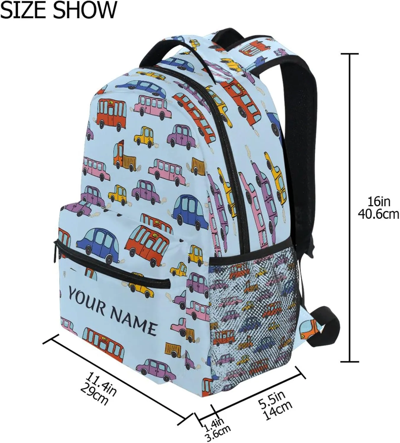 Custom School Backpack for Kids Boys with Name/Text, Personalized Funny Car Laptop Backpack Add Your Name Student College School Bag Customized Bookbag for Primary Middle Junior High Back to School