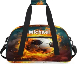 Custom Sports Soccer Gym Bags for Boys, Overnight Duffel Bags Workout Training Personalized Sport Gym Bag Travel Practice Gymnastics Duffel Bag, Soccer with Fire Dark Color