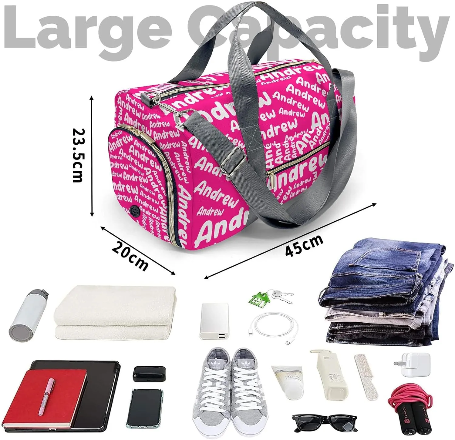 Customized Travel Duffel Bag with Name Weekender Overnight Bags Rose Personalized Sports Gym Bag Waterproof Luggage Bag for Women