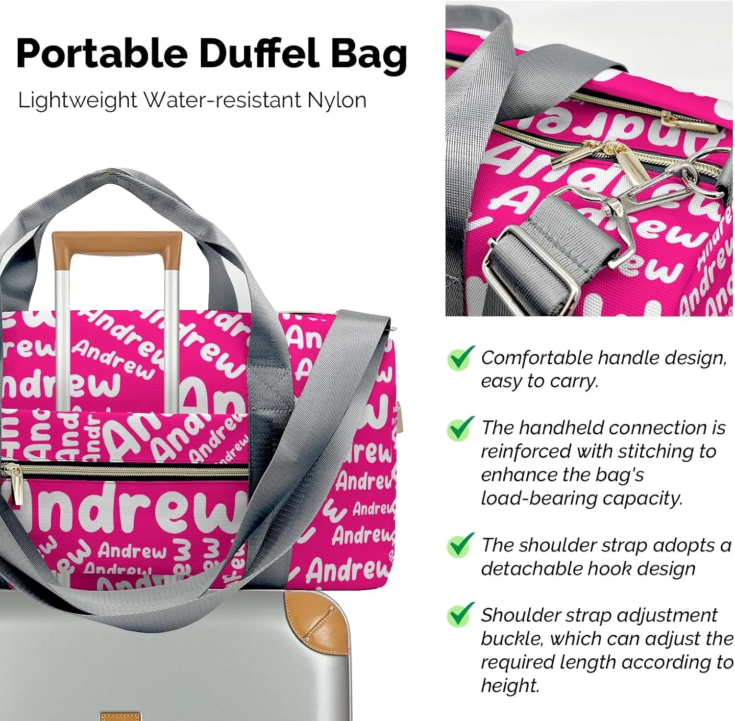 Customized Travel Duffel Bag with Name Weekender Overnight Bags Rose Personalized Sports Gym Bag Waterproof Luggage Bag for Women
