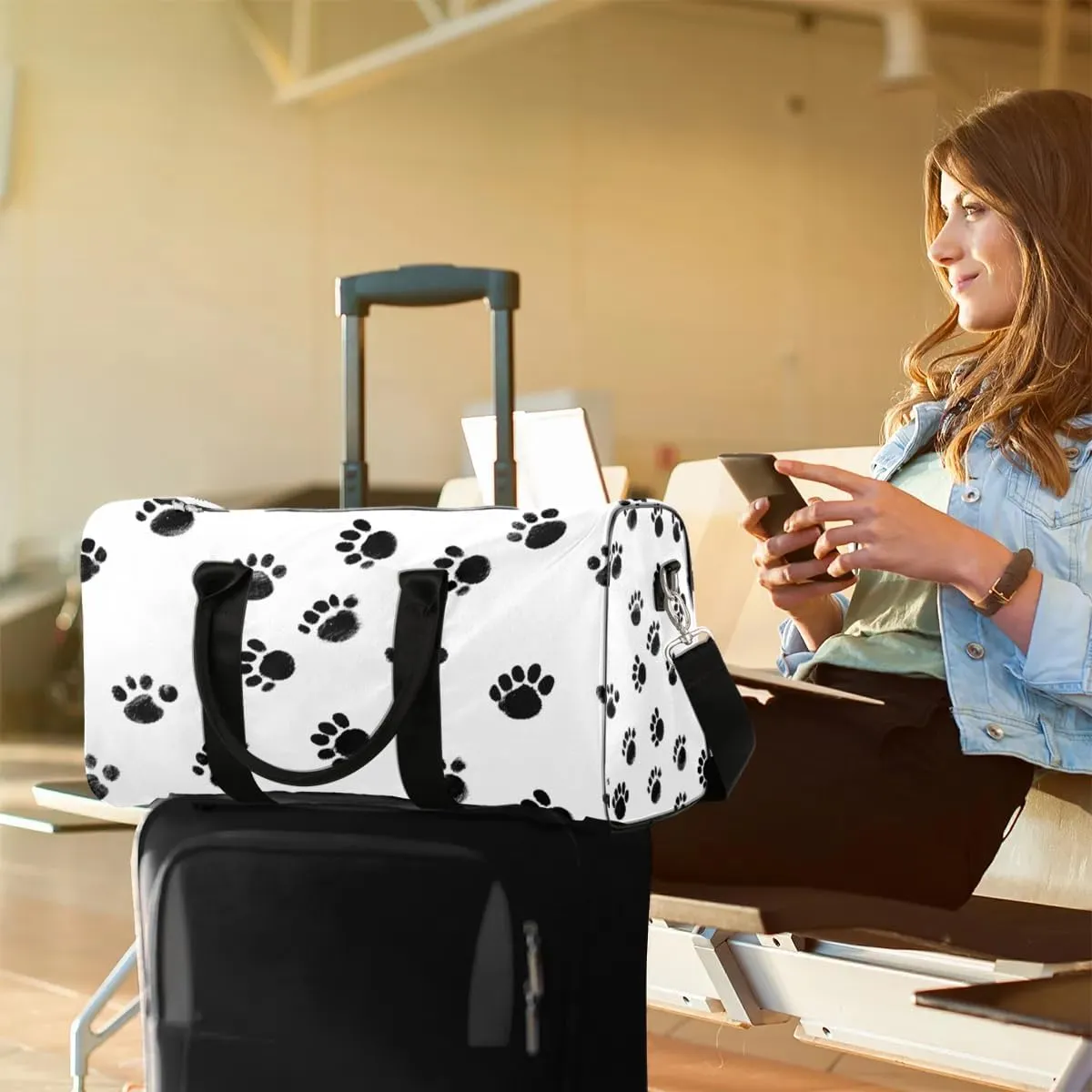 Cute Animal Paw Print Travel Duffel Bag for Women Men Waterproof Foldable Overnight Weekender Bag Large Capacity Sports Gym Bag