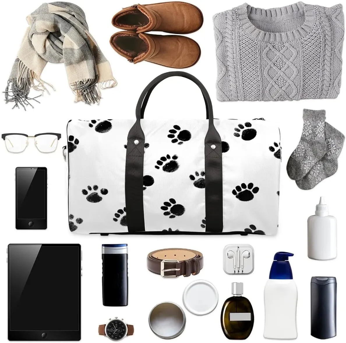 Cute Animal Paw Print Travel Duffel Bag for Women Men Waterproof Foldable Overnight Weekender Bag Large Capacity Sports Gym Bag