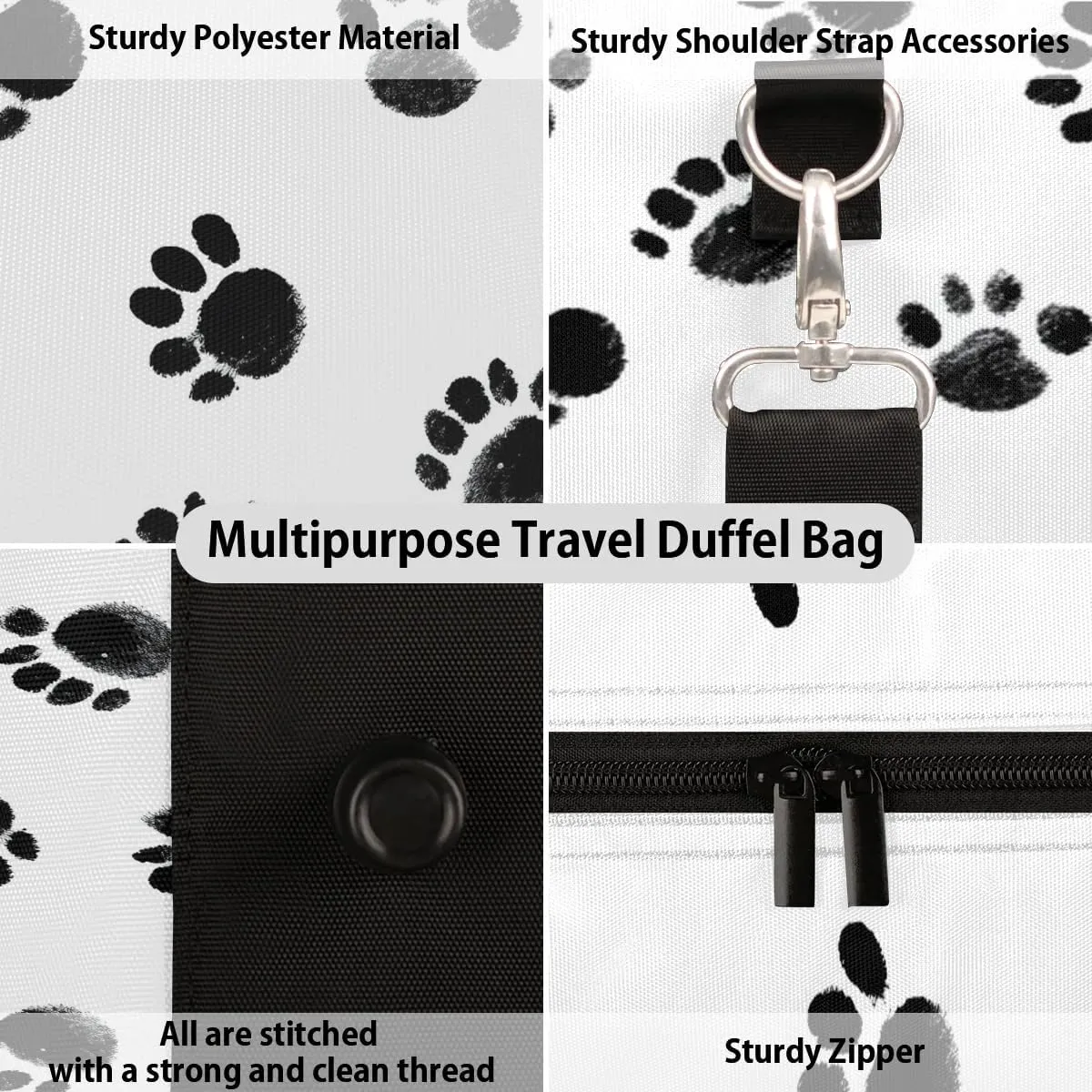 Cute Animal Paw Print Travel Duffel Bag for Women Men Waterproof Foldable Overnight Weekender Bag Large Capacity Sports Gym Bag