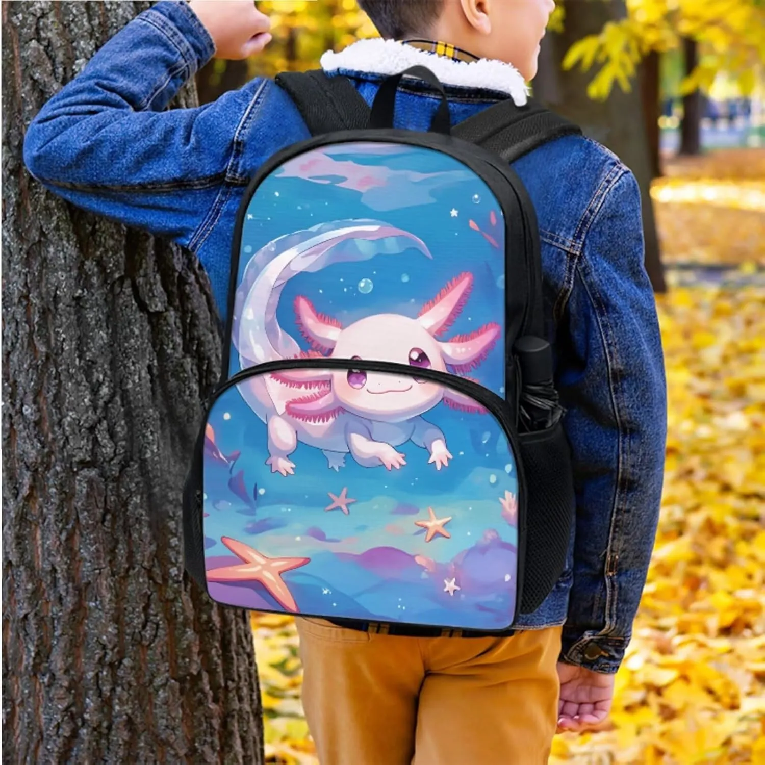 Cute Axolotl Print Backpack, Cartoon Theme Backpack with Lunch Box Pencil Case Bottle Sleeve for Girls Boys 8-12 Kids School Book Bag 4 in 1 Teens Camping Picnic Insulated Lunch Tote