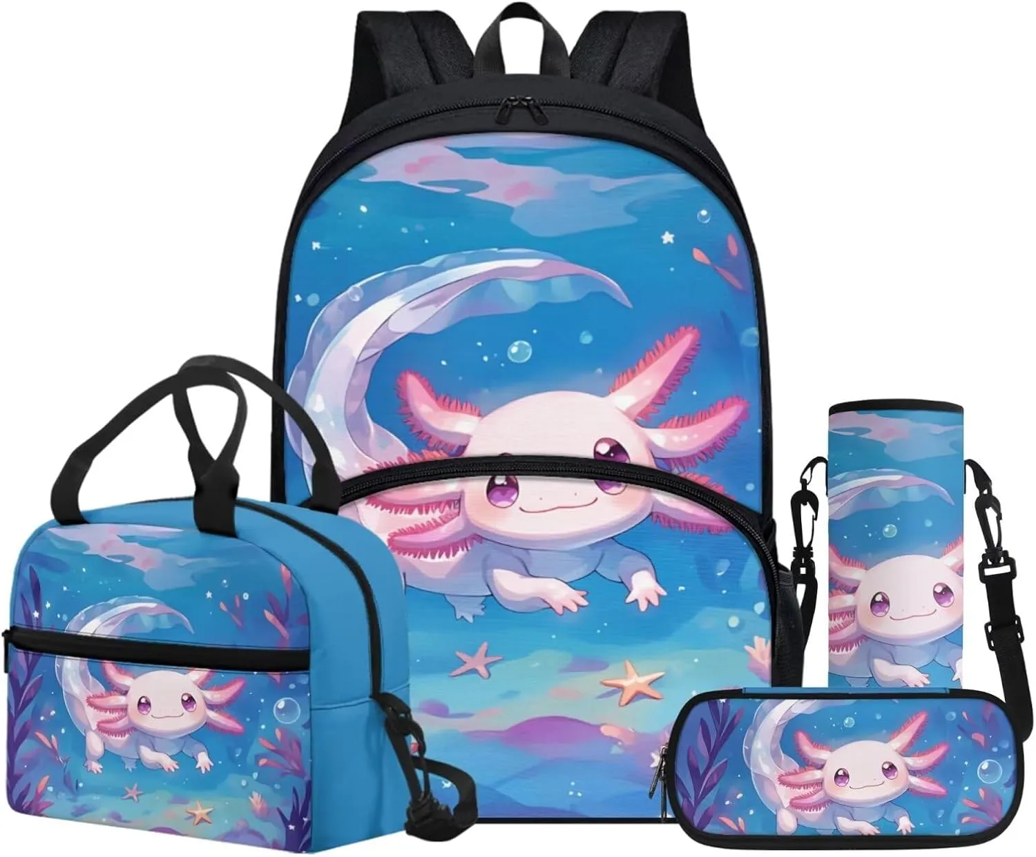 Cute Axolotl Print Backpack, Cartoon Theme Backpack with Lunch Box Pencil Case Bottle Sleeve for Girls Boys 8-12 Kids School Book Bag 4 in 1 Teens Camping Picnic Insulated Lunch Tote