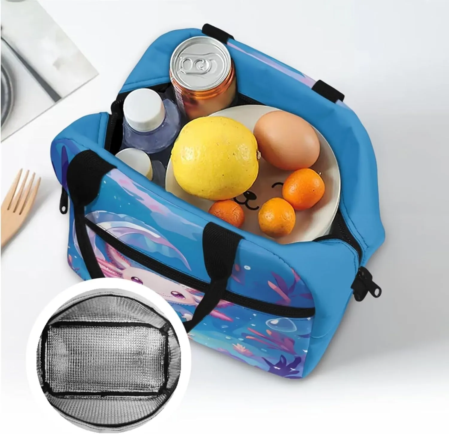 Cute Axolotl Print Backpack, Cartoon Theme Backpack with Lunch Box Pencil Case Bottle Sleeve for Girls Boys 8-12 Kids School Book Bag 4 in 1 Teens Camping Picnic Insulated Lunch Tote