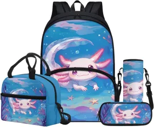 Cute Axolotl Print Backpack, Cartoon Theme Backpack with Lunch Box Pencil Case Bottle Sleeve for Girls Boys 8-12 Kids School Book Bag 4 in 1 Teens Camping Picnic Insulated Lunch Tote