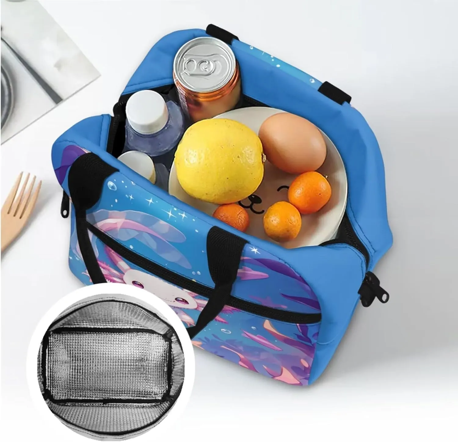 Cute Axolotl Print Backpack for Kids 5-7,Kawaii Animal Theme School Backpack with Lunch Box Pencil Case Cup Sleeve for Girls Boys 4 in 1 Schoolbag Elementary Book Bag Cute Lunch Tote