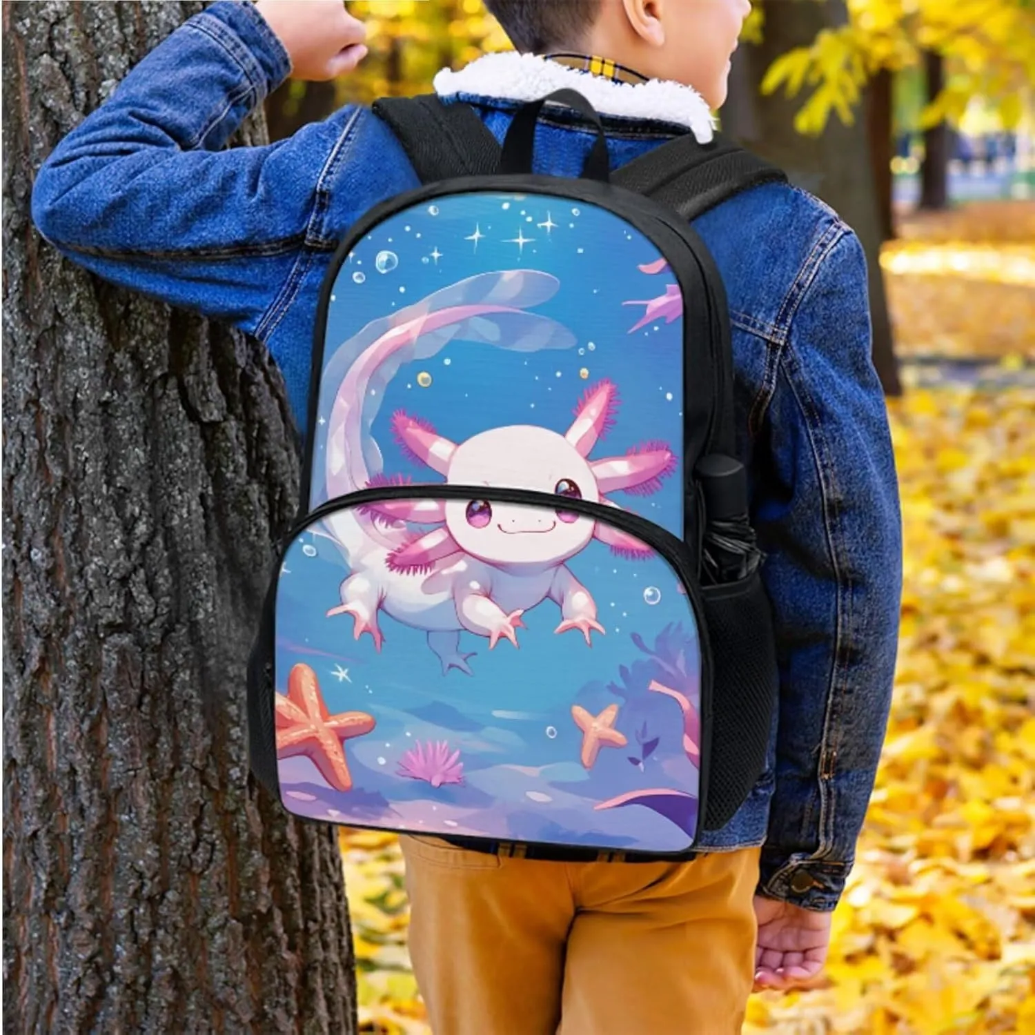Cute Axolotl Print Backpack for Kids 5-7,Kawaii Animal Theme School Backpack with Lunch Box Pencil Case Cup Sleeve for Girls Boys 4 in 1 Schoolbag Elementary Book Bag Cute Lunch Tote