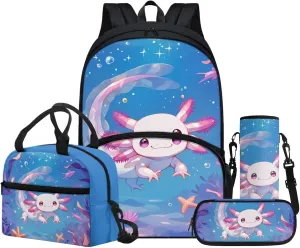 Cute Axolotl Print Backpack for Kids 5-7,Kawaii Animal Theme School Backpack with Lunch Box Pencil Case Cup Sleeve for Girls Boys 4 in 1 Schoolbag Elementary Book Bag Cute Lunch Tote