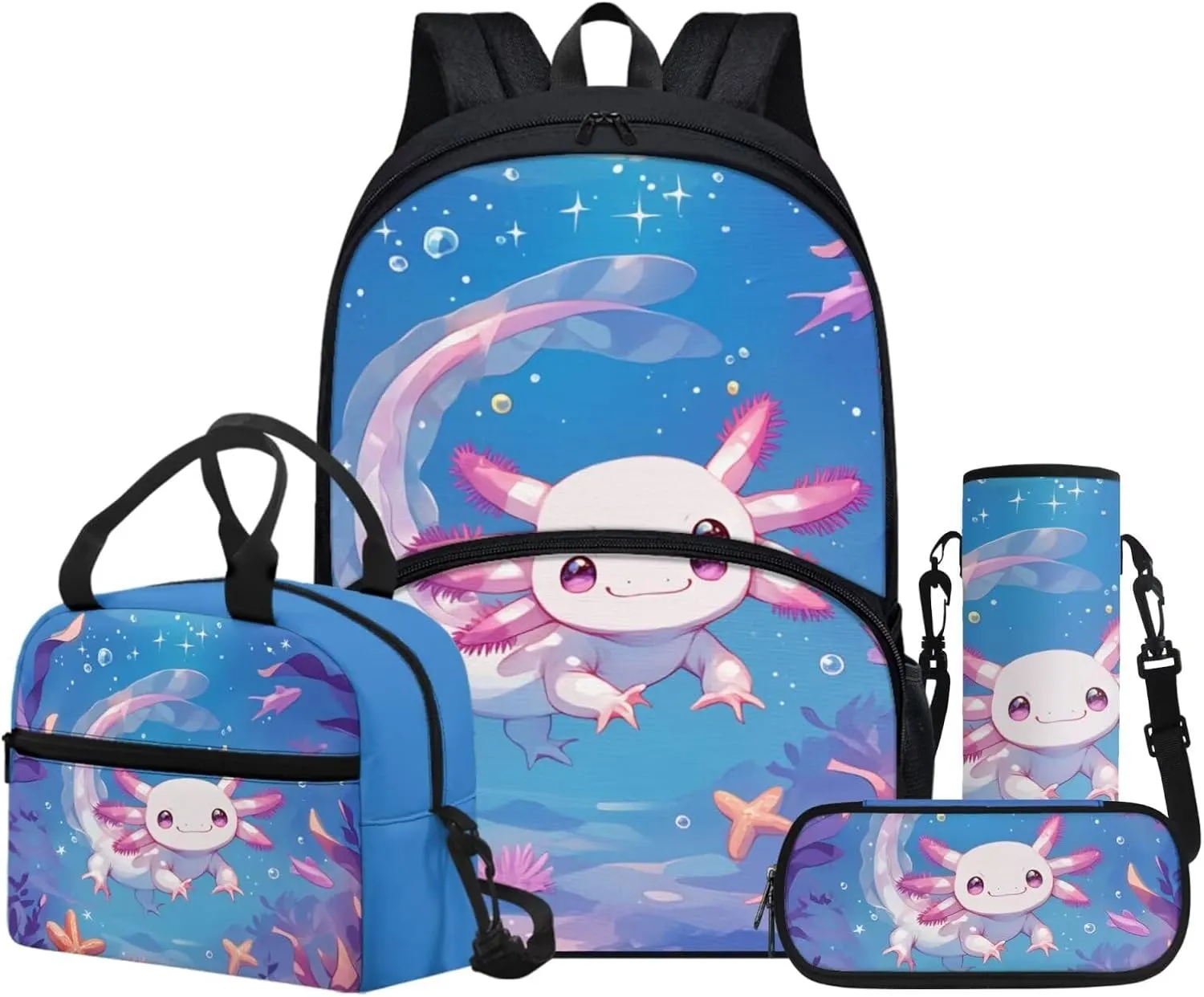 Cute Axolotl Print Backpack for Kids 5-7,Kawaii Animal Theme School Backpack with Lunch Box Pencil Case Cup Sleeve for Girls Boys 4 in 1 Schoolbag Elementary Book Bag Cute Lunch Tote