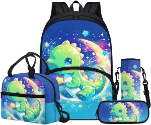 Cute Cartoon Dinosaur Print Backpack for Girls 8-10 Elementary School Bag with Lunch Tote Bag Pencil Case Bottle Sleeve 4 in 1 Blue Backpack Purse Teens Camping Insulated Lunch Bag