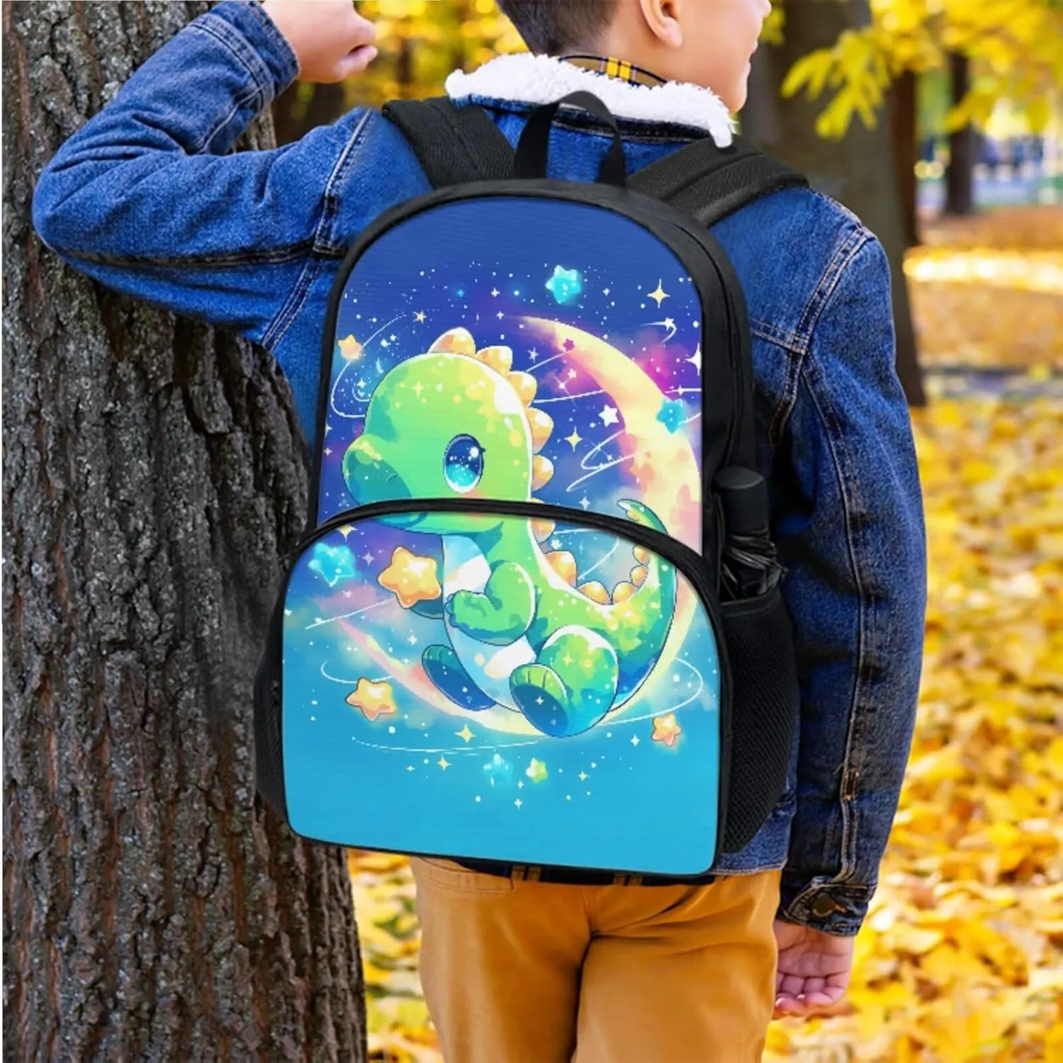Cute Cartoon Dinosaur Print Backpack for Girls 8-10 Elementary School Bag with Lunch Tote Bag Pencil Case Bottle Sleeve 4 in 1 Blue Backpack Purse Teens Camping Insulated Lunch Bag