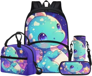 Cute Cartoon Dinosaur Print Backpack Purse Purple Backpack with Lunch Box Pencil Case Water Bottle Sleeve for Girls Cute Book Bag Kids Age 8-10 School Bag Insulated Lunch Tote