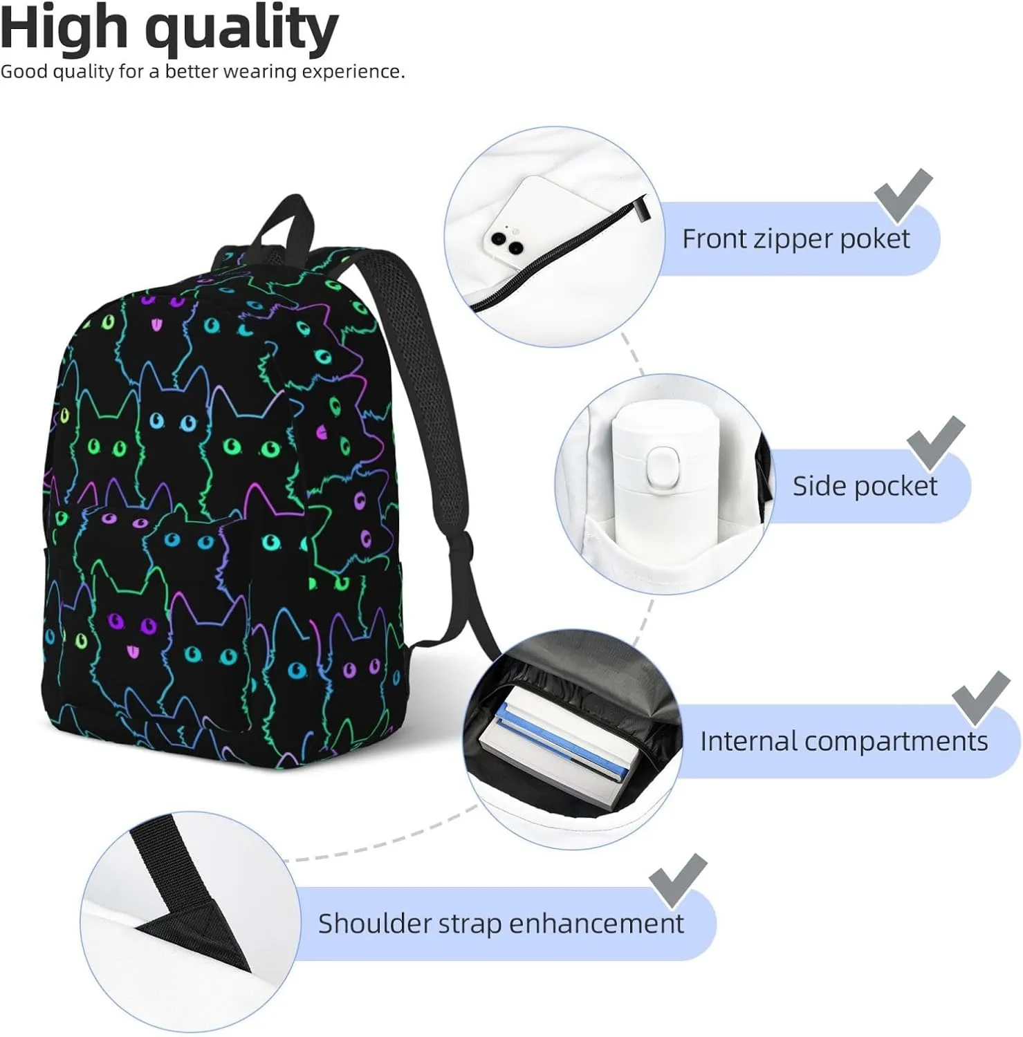 Cute Cats Silhouettes Backpack 17.7 Inch Laptop Backpack Travel Hiking Daypack Multipurpose Bookbag For Men Women