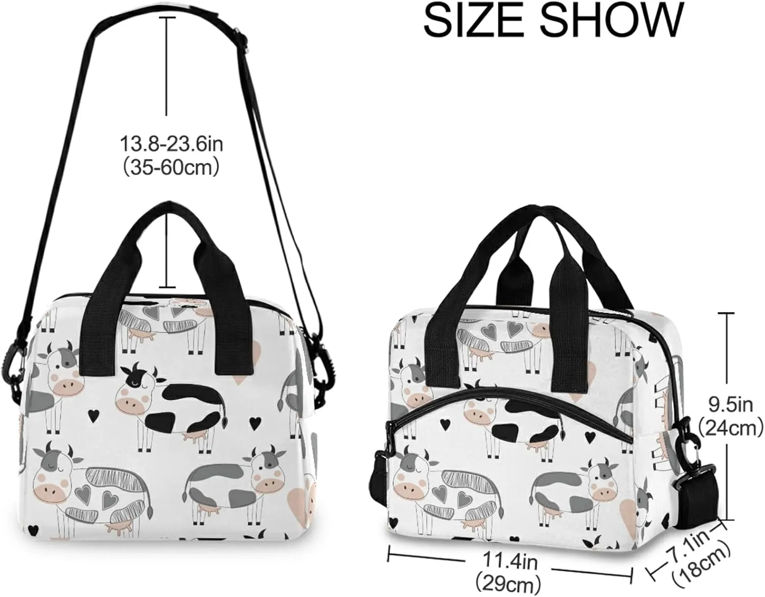 Cute Cows Lunch Bag for Women Men Insulated Lunch Box Tote Bag with Detachable Shoulder Strap & Carry Handle,Reusable Cooler Bag for Work School Picnic