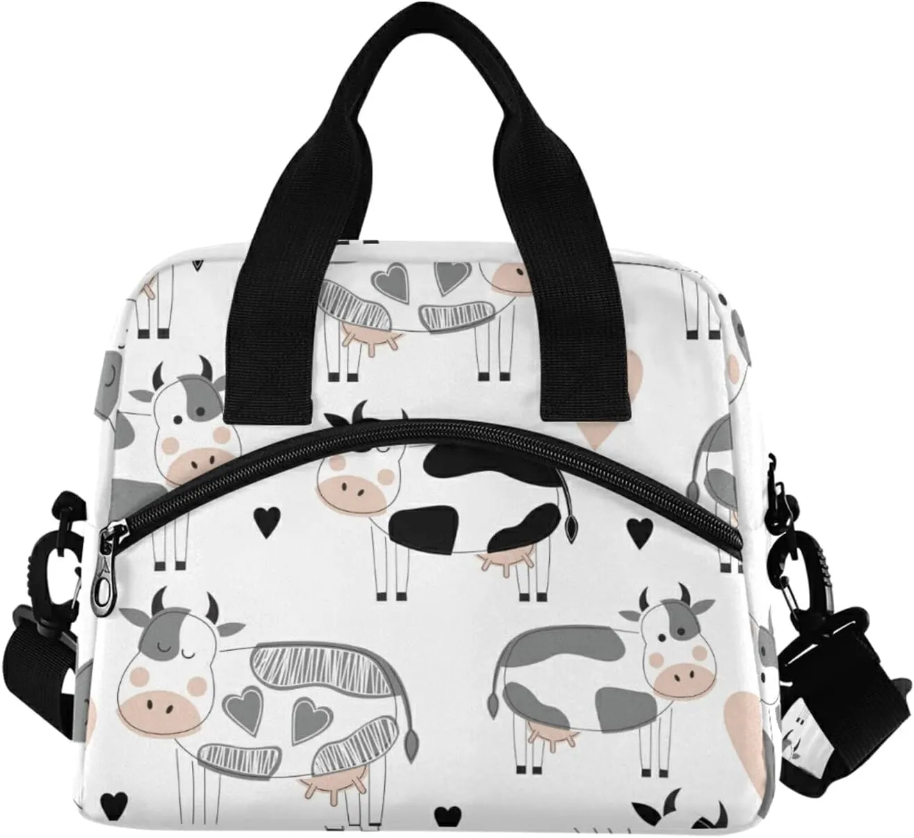 Cute Cows Lunch Bag for Women Men Insulated Lunch Box Tote Bag with Detachable Shoulder Strap & Carry Handle,Reusable Cooler Bag for Work School Picnic