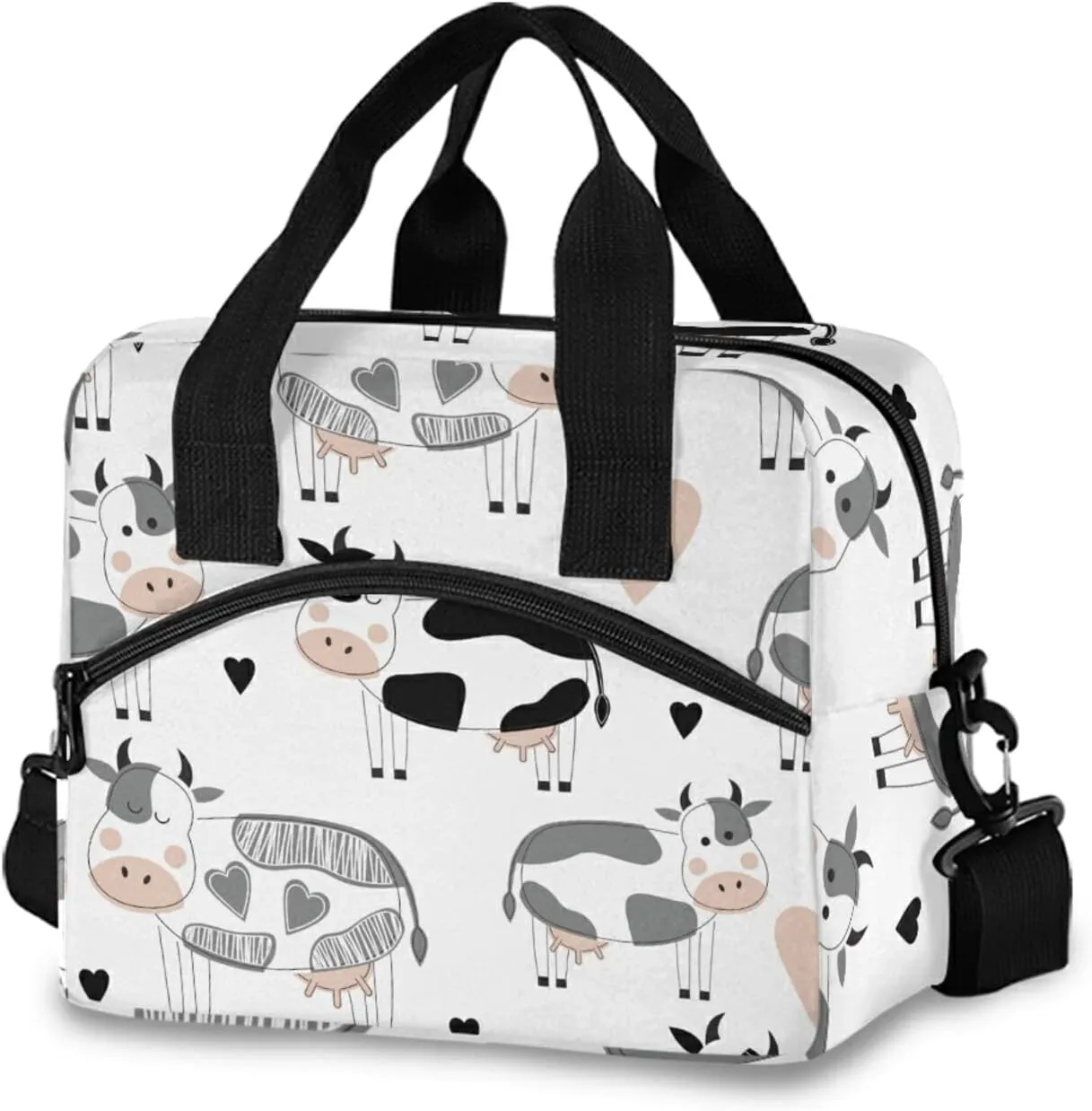 Cute Cows Lunch Bag for Women Men Insulated Lunch Box Tote Bag with Detachable Shoulder Strap & Carry Handle,Reusable Cooler Bag for Work School Picnic