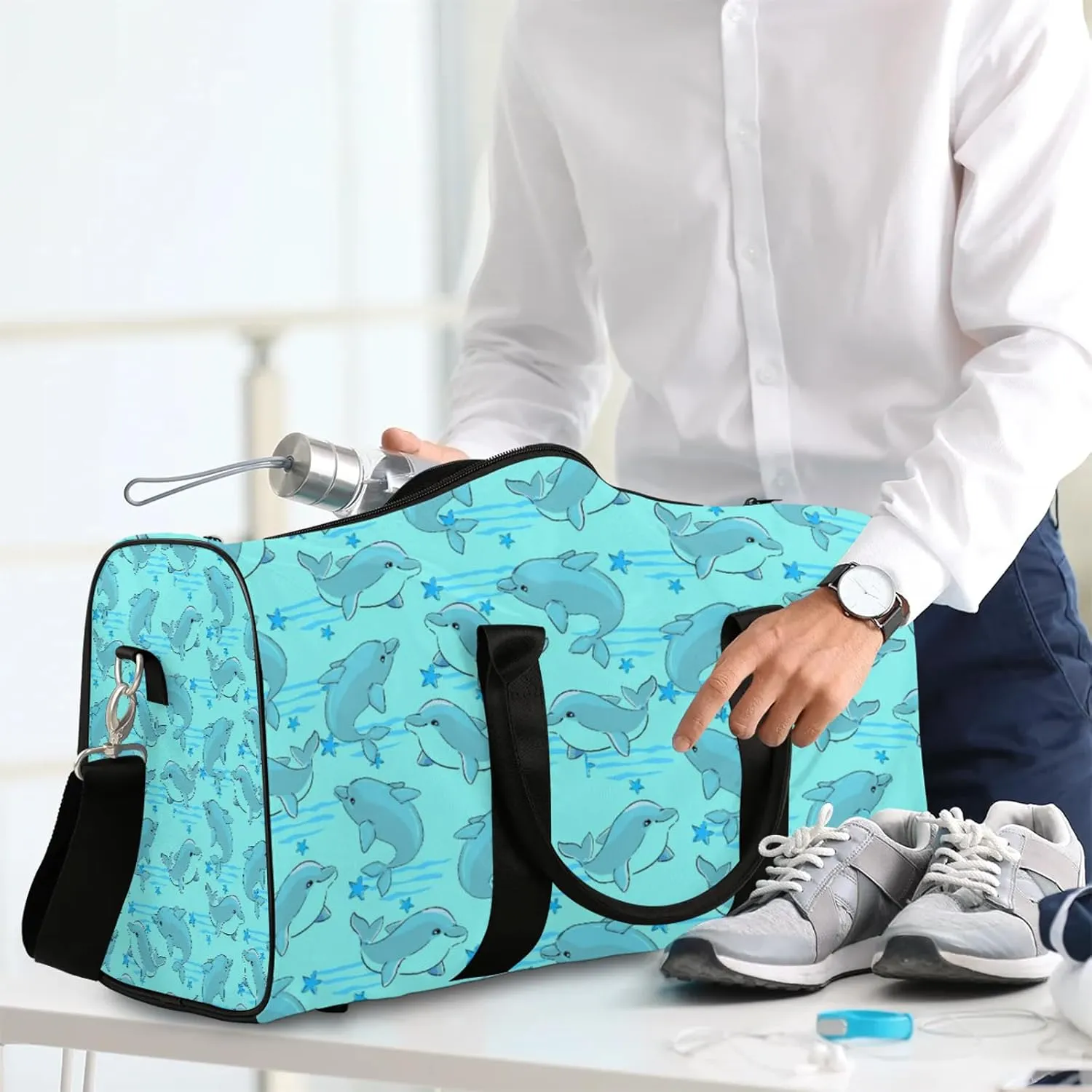 Cute Dolphin Travel Duffle Bag, Weekender Bags for Women Men, Carry on Overnight Bag Waterproof Gym Bags, Hospital Bag for Labor and Delivery