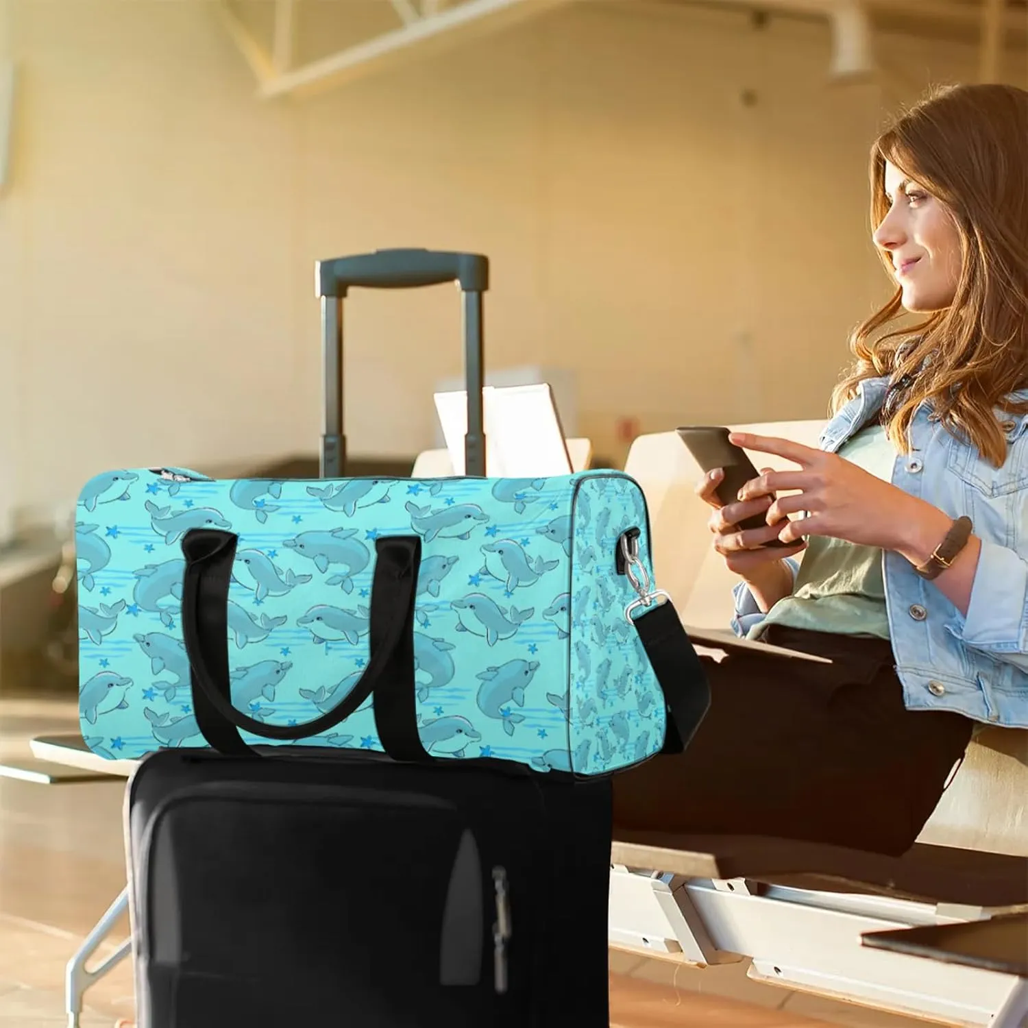 Cute Dolphin Travel Duffle Bag, Weekender Bags for Women Men, Carry on Overnight Bag Waterproof Gym Bags, Hospital Bag for Labor and Delivery