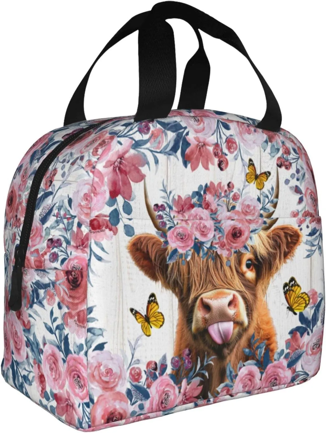 Cute Floral Highland Cow Lunch Bag,Cute Highland Cow Lunch Box, Butterfly Lunch Box, Cool Insulated Lunch Bag,Highland Cow Gifts For Work Office Picnic Beach Travel