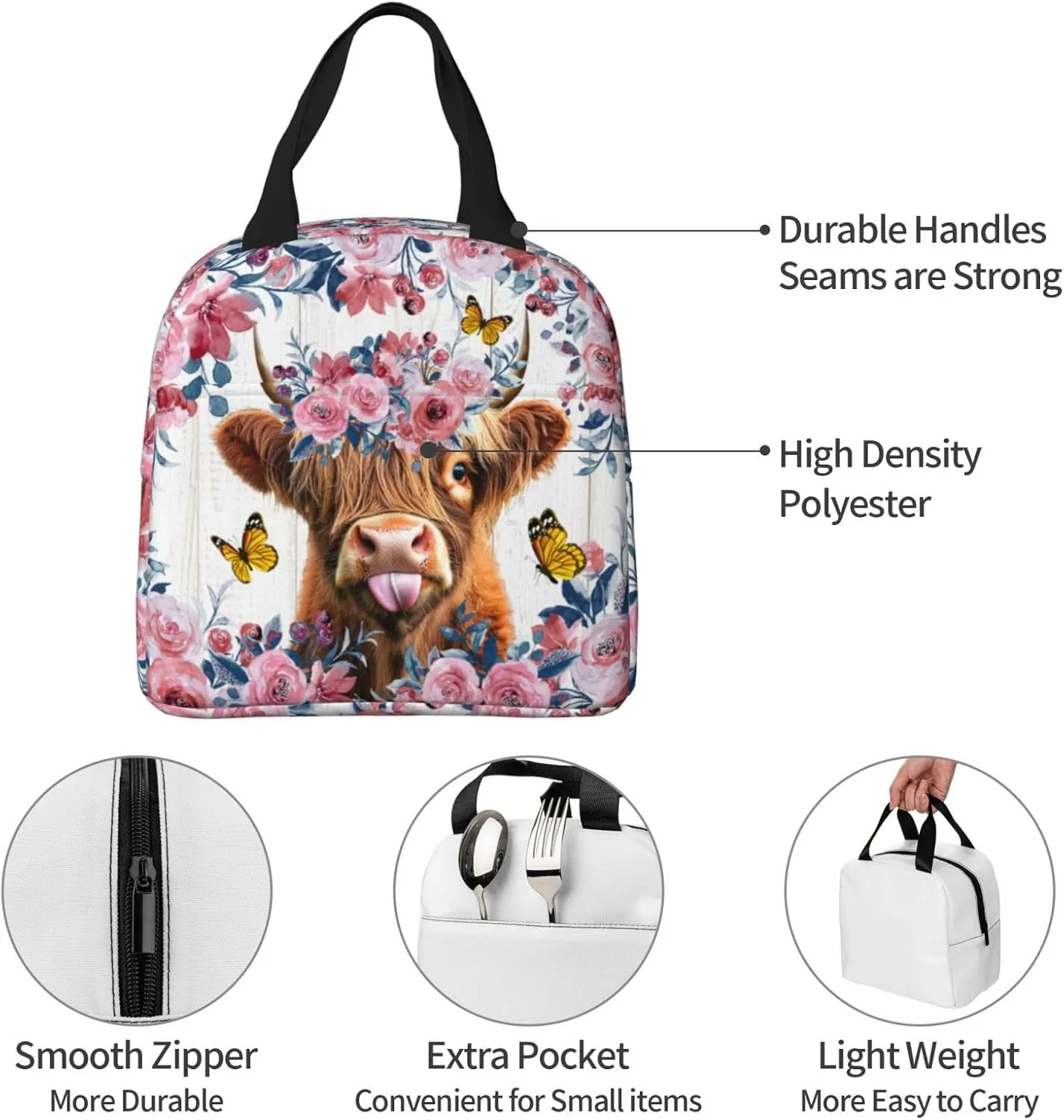 Cute Floral Highland Cow Lunch Bag,Cute Highland Cow Lunch Box, Butterfly Lunch Box, Cool Insulated Lunch Bag,Highland Cow Gifts For Work Office Picnic Beach Travel